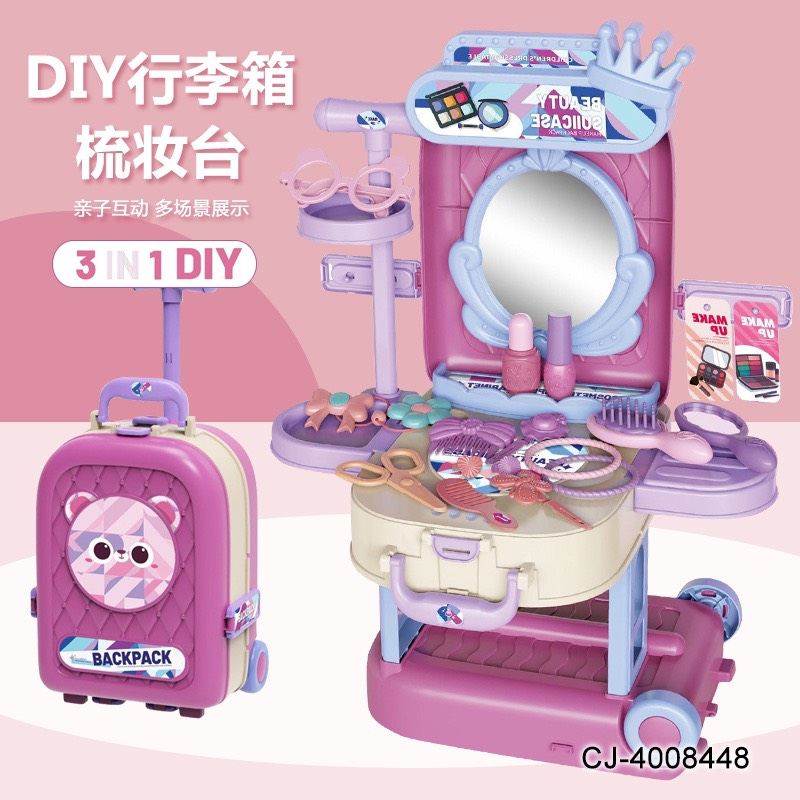 Đồ chơi trang điểm màu hồng vali kéo du lịch với đồ chơi bàn trang điểm lớn Makeup Toys for baby girl