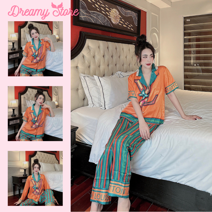 Đồ Ngủ Pijama Lụa Xước LV Cam Độc Lạ, Bộ Đồ Ngủ Hè Cao Cấp Mặc Nhà Thoáng Mát