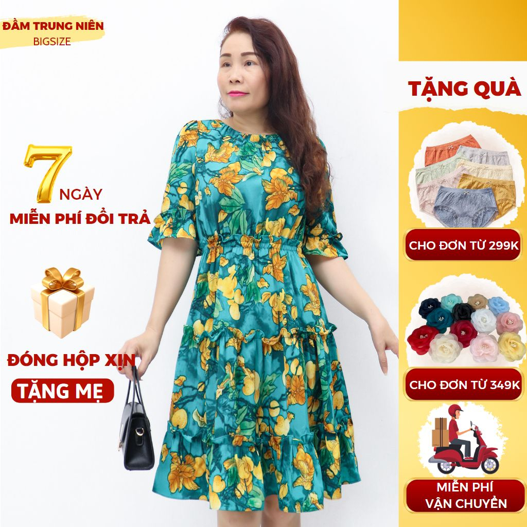 Váy trung niên tặng mẹ bigsize thun lạnh cao cấp sang trọng AMYRA - Đầm trung niên dáng xòe tôn dáng giấu bụng DA108