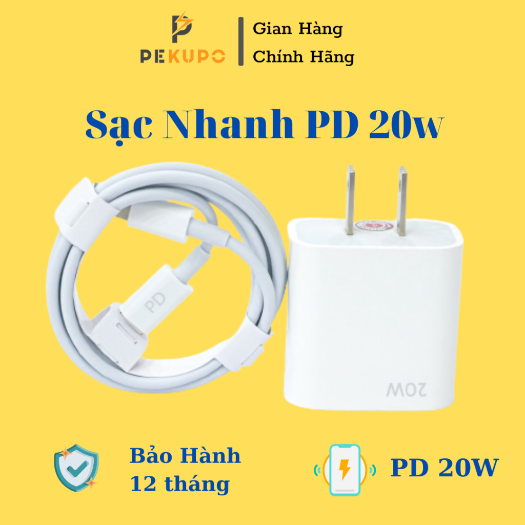 Bộ củ cáp sạc nhanh PD 20W, cam kết tốc độ sạc, không nóng máy bảo hành 12 tháng, phụ kiện PEKUPO
