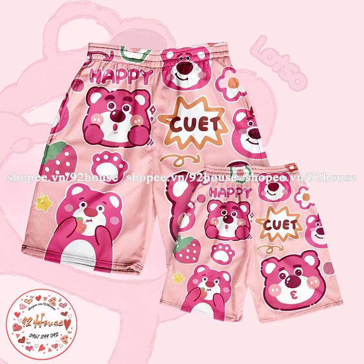 Quần đùi hoạt hình Gấu Dâu Lotso quần short lửng cartoon unisex chất thun mịn mát đồ nhóm đi biển