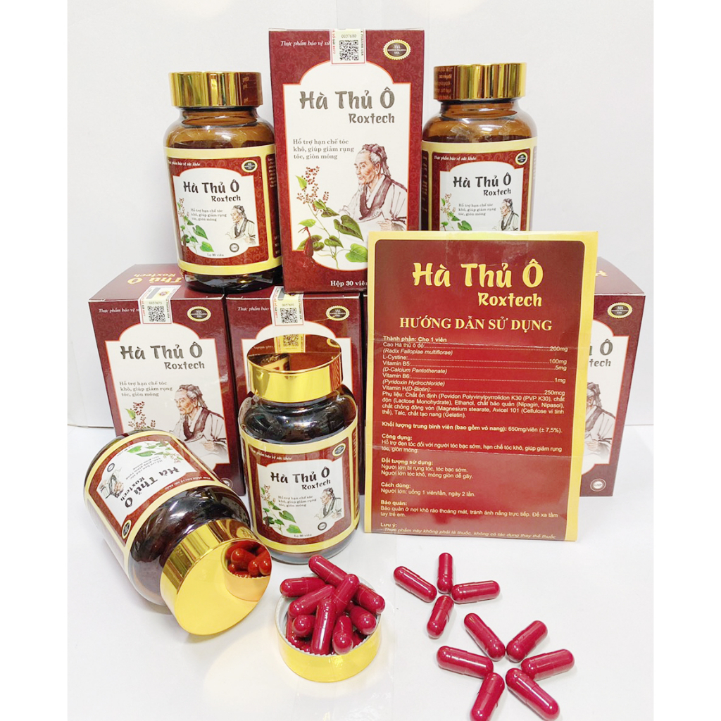 Viên Hà thủ ô giúp đen tóc, khỏe móng, giảm bạc tóc, khô tóc, rụng tóc, giòn móng - 30 viên (Hà thủ ô Roxtech)