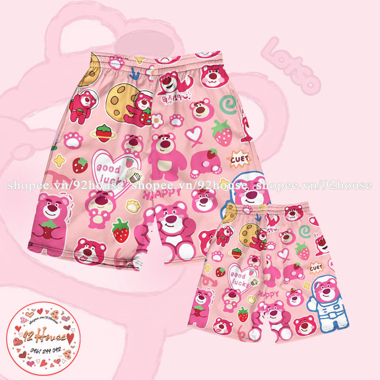 Quần đùi hoạt hình Gấu Dâu Lotso quần short lửng cartoon unisex chất thun mịn mát đồ nhóm đi biển