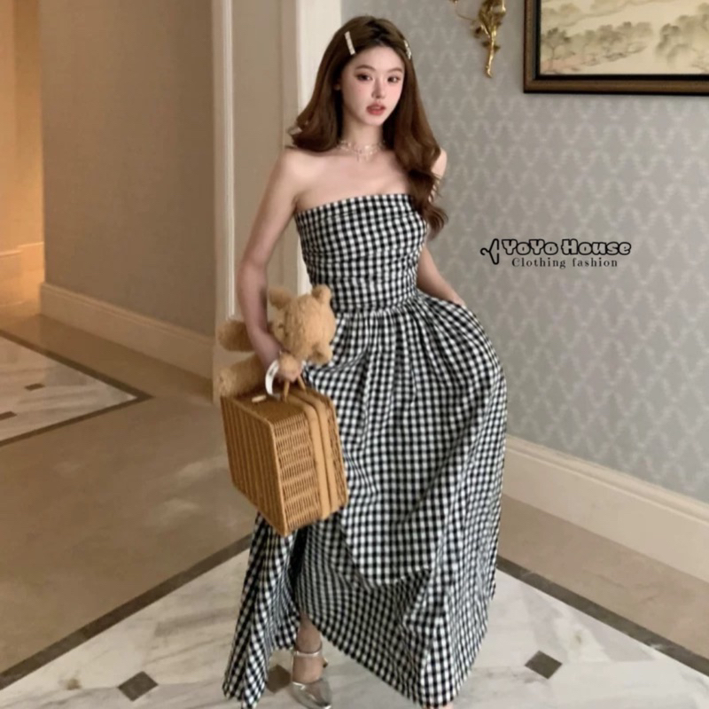 Váy ống kẻ caro chân váy xoè siêu tiểu thư, phong cách trẻ trung, điệu đà