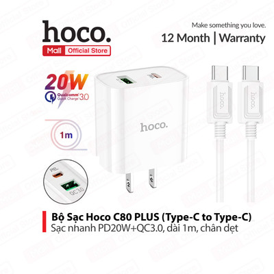 Bộ sạc nhanh TypeC to TypeC Hoco C80 PD20W+QC3 1 cổng USB và 1 cổng TypeC , chân dẹt, dài 1m