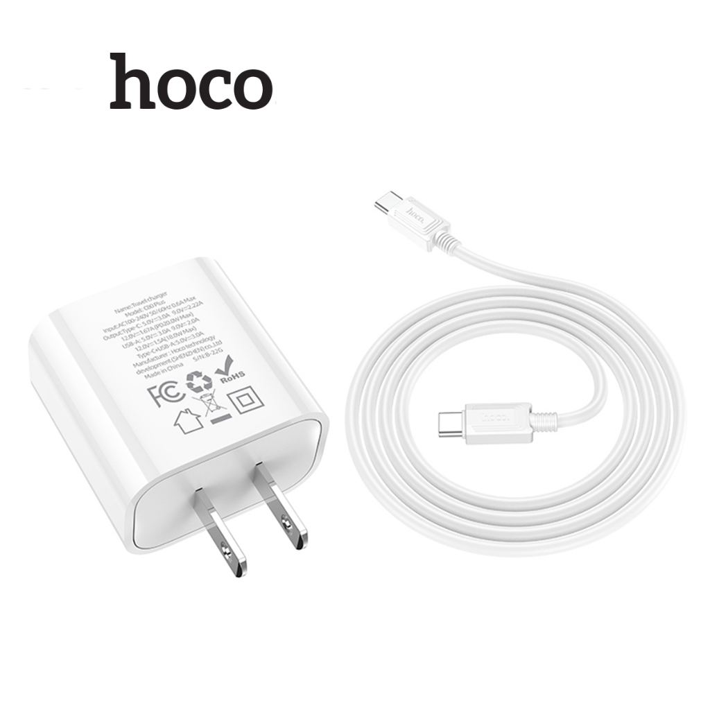 Bộ sạc Hoco C80 PLUS sạc nhanh PD20W+QC3 1 cổng USB và 1 cổng TypeC chân dẹt, kèm dây cáp Type-C to Type-C dài 1m