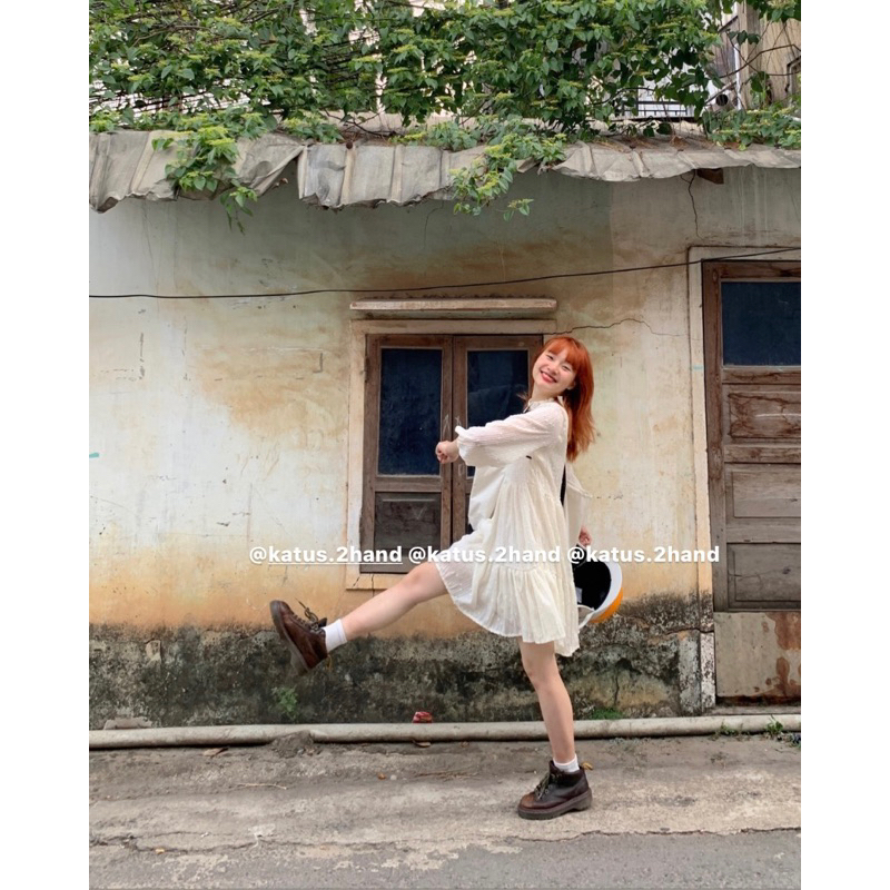 Váy babydoll voan hạt bông nơ cổ  Đầm xòe tay bồng đính hạt màu be ullazng