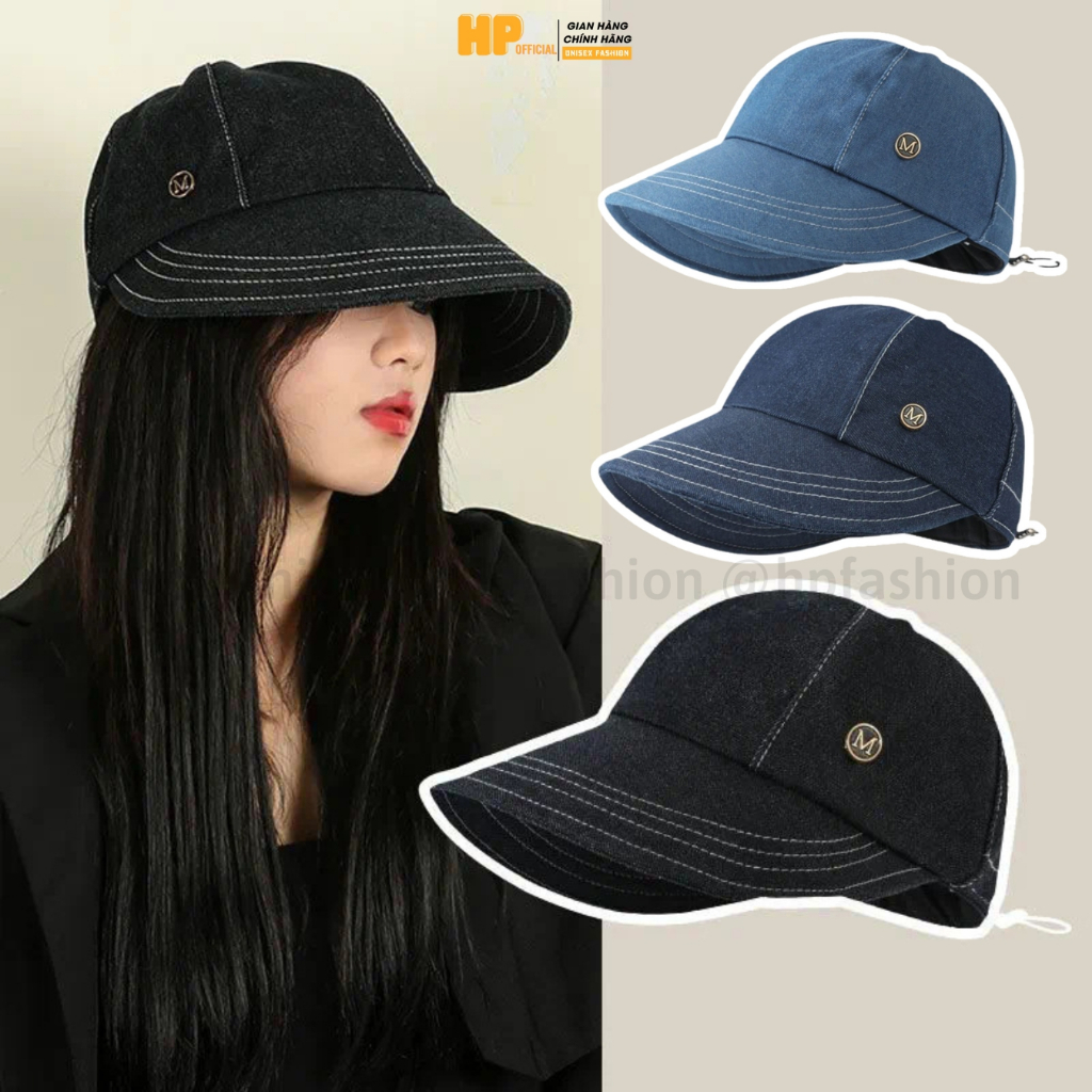 Mũ bucket dáng lưỡi trai chất Jean❤️ Nón chống nắng chữ M có dây rút mùa hè form unisex nam nữ N122 - Happy Style