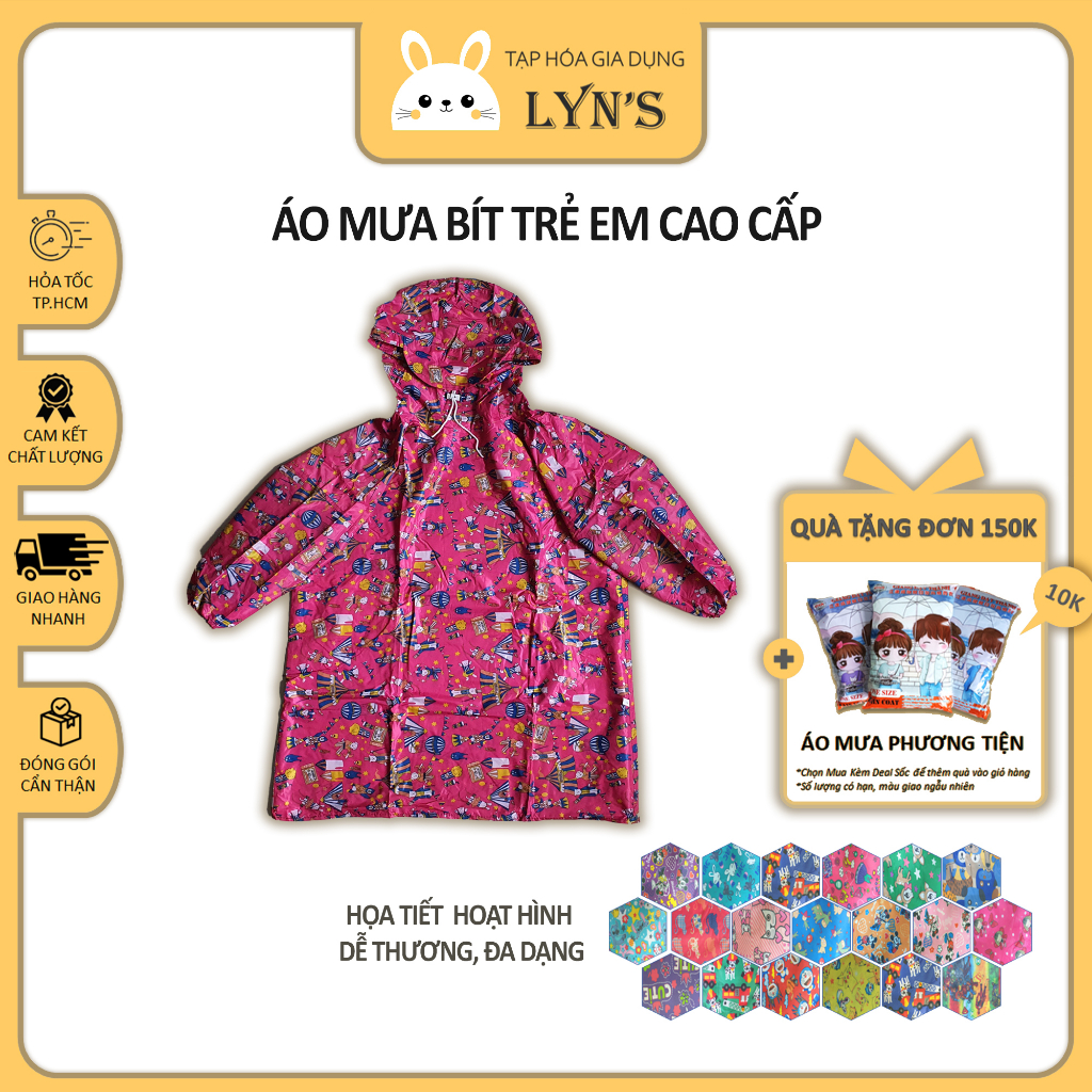 Áo mưa bít trẻ em CAO CẤP - Loại không nút gài - 4 - 12 tuổi