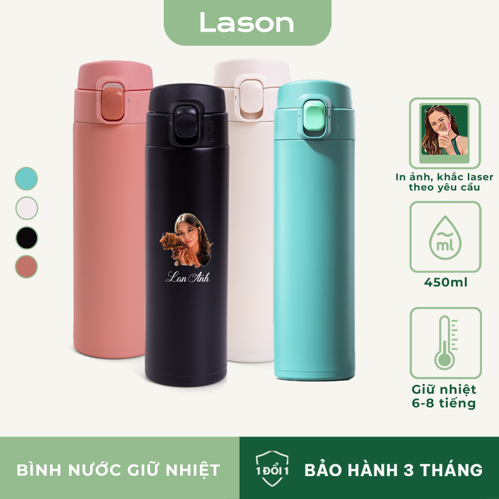 Bình nước giữ nhiệt khắc tên Lason, bình đựng nước 450ml pastel nắp bấm BN-GN00222