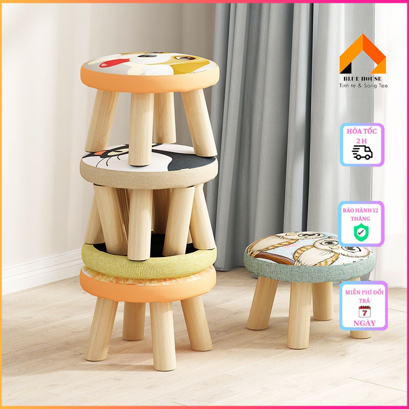 ( RẺ VÔ ĐỊCH ) Ghế Đôn Gỗ Họa Tiết Dễ Thương, Ghế Thấp Chân Gỗ Thông Cao Cấp.HAPPY.HOUSE.20.