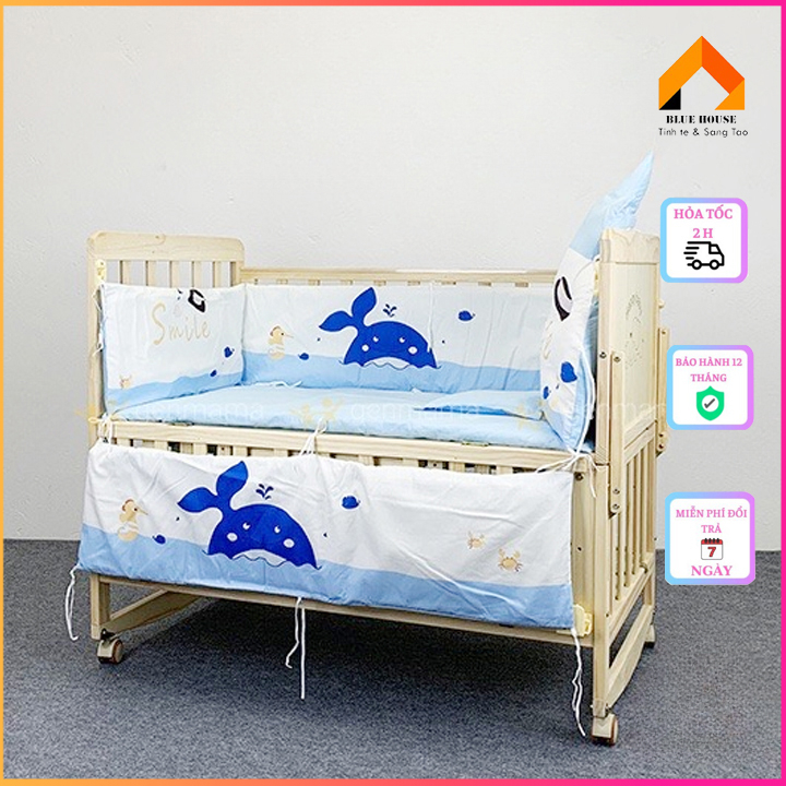Giường cũi trọn bộ 6 món, Cũi gỗ 2 tầng cho bé được tặng màn chống muỗi bảo hành 1 năm