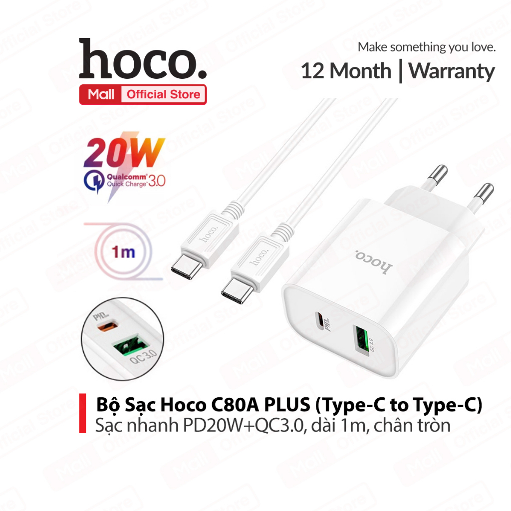 Bộ sạc nhanh Hoco C80A PLUS PD20W+QC3 1 cổng USB và 1 cổng TypeC chân tròn, kèm dây cáp Type-C to Type-C dài 1m