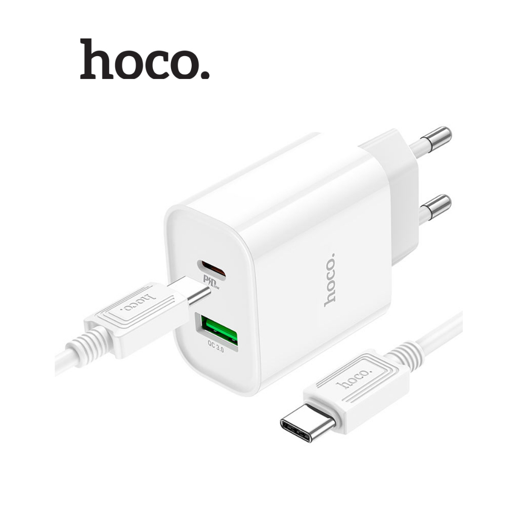 Bộ sạc nhanh Hoco C80A PLUS PD20W+QC3 1 cổng USB và 1 cổng TypeC chân tròn, kèm dây cáp Type-C to Type-C dài 1m