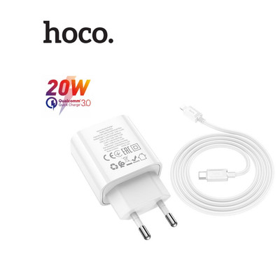 Bộ sạc Hoco C80A PLUS PD20W+QC3 1 cổng USB và 1 cổng TypeC chân tròn, kèm dây cáp Type-C to Type-C dài 1m