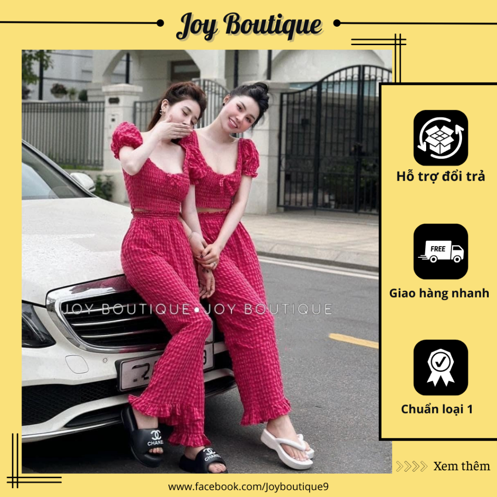 Set đồ nữ áo croptop caro nơ ngực tay bồng bo chun và quần ống suông rộng phối bèo gấu lưng chun vải đủi phù hợp đi chơi