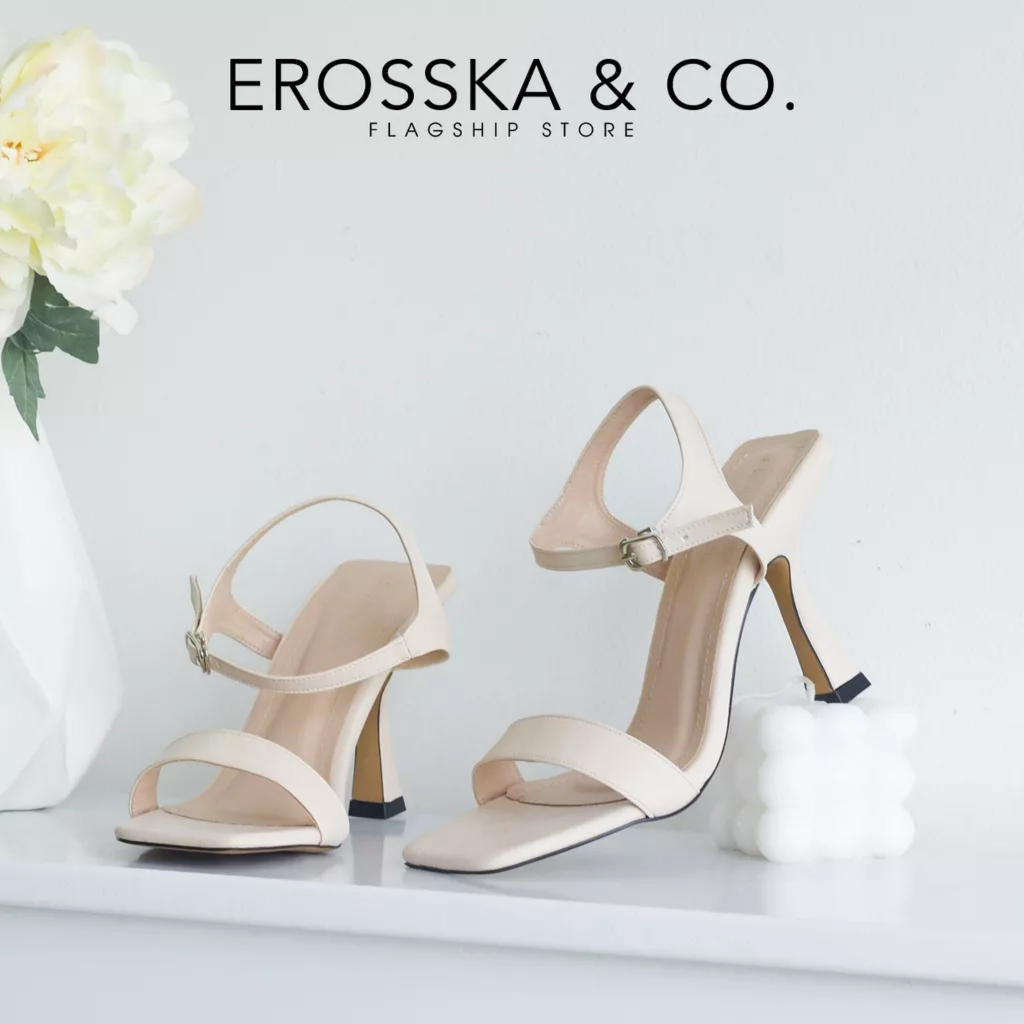 Erosska - Giày sandal cao gót nữ mũi vuông quai mảnh cao 9cm màu nude _ EB058
