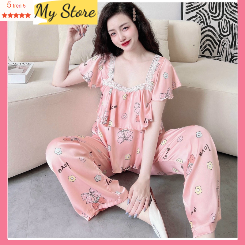 Đồ bộ nữ quần dài mặc nhà Pyjama tiểu thư dễ thương, bộ ngủ tay ngắn vải lụa latin in 3D cao cấp freesize dưới 62kg