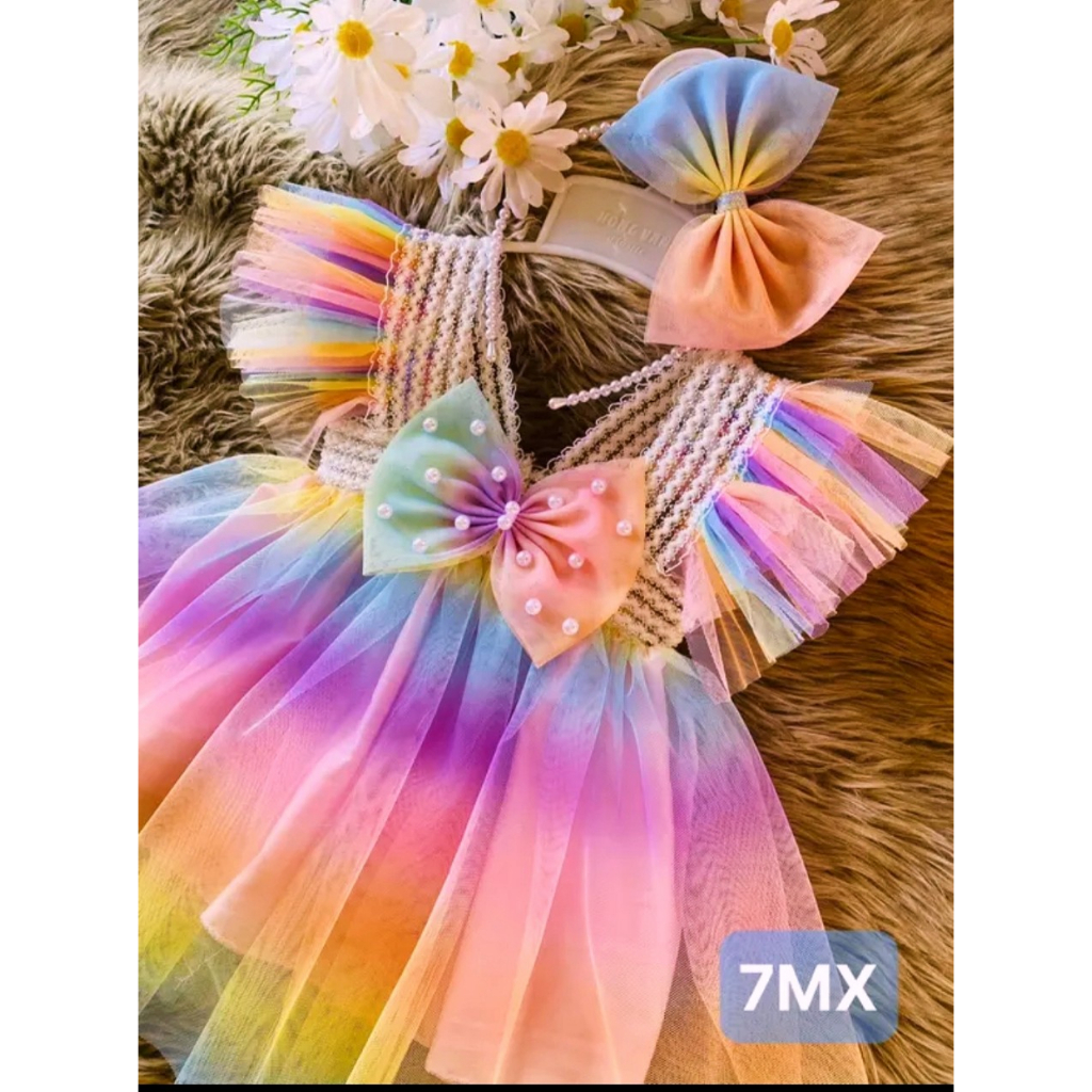 Áo đầm bé gái, váy cho bé gái, Váy công chúa cầu vòng phối nơ cho bé, đầm cầu vồng cho bé gái