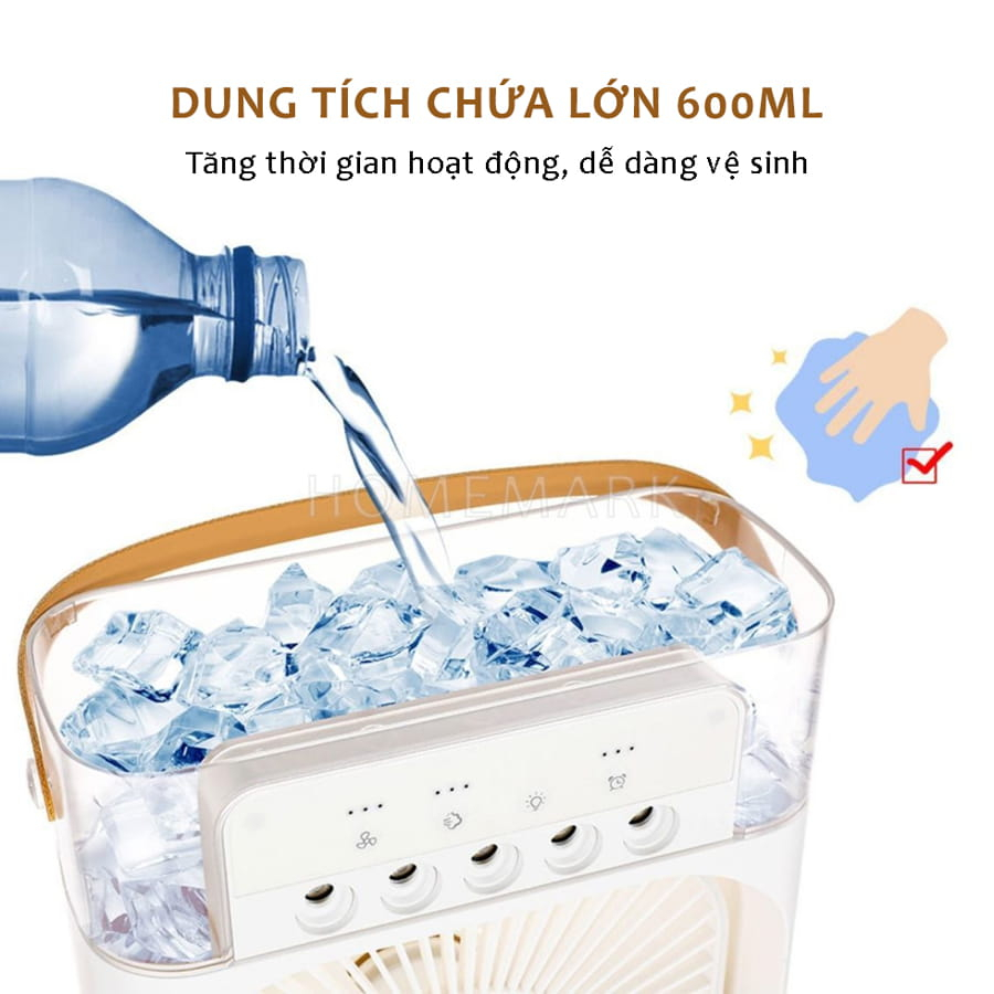 Quạt Điều Hòa Hơi Nước Mini Có Khay Chứa Đá, Quạt Phun Sương Tạo Ẩm Làm Mát Kiêm Đèn Ngủ, Có Chế Độ Hẹn Giờ Thông Minh