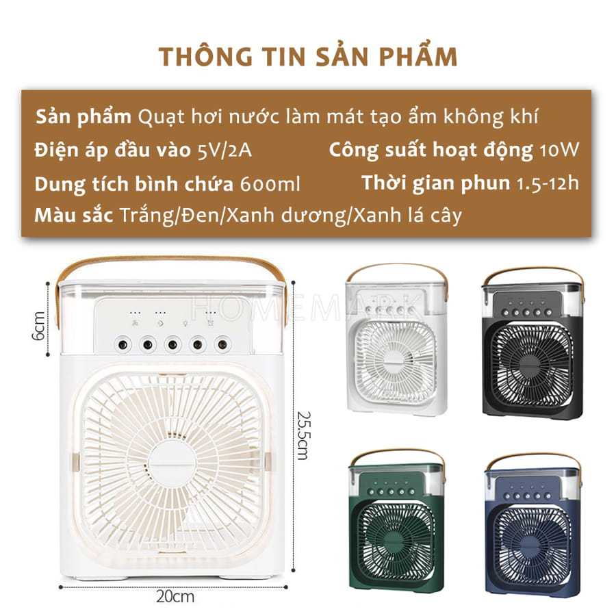 Quạt Điều Hòa Hơi Nước Mini Có Khay Chứa Đá, Quạt Phun Sương Tạo Ẩm Làm Mát Kiêm Đèn Ngủ, Có Chế Độ Hẹn Giờ Thông Minh