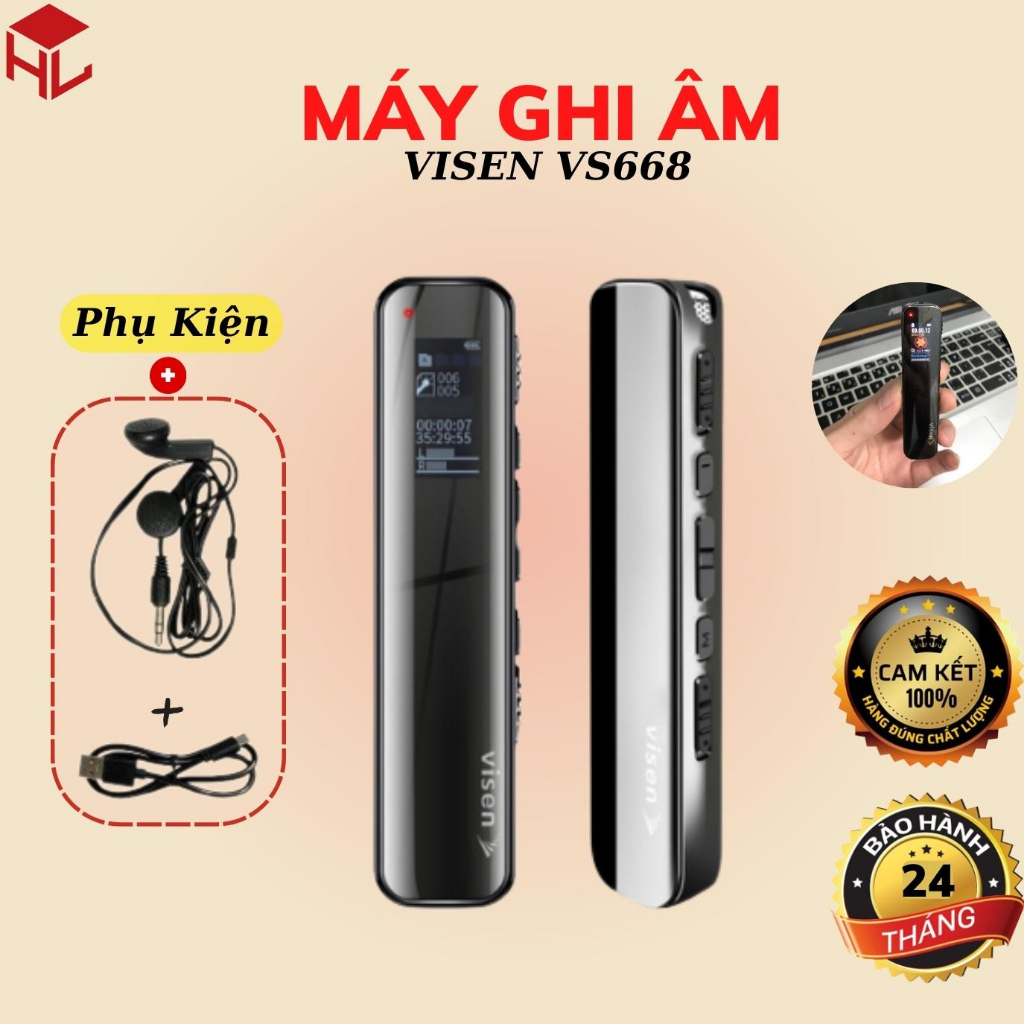 Máy ghi âm VISEN 668 Máy ghi âm Hàn Quốc hỗ trợ thẻ 32Gb Máy sử dụng Pin Lithium ghi liên tục 3 ngày Bảo hành 1 đổi 1