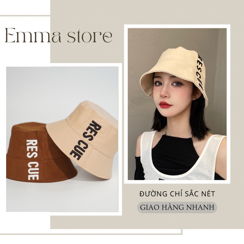 Mũ bucket vành cụp ❤️ Nón tai bèo gắn tag da chất kaki xốp chữ Res cue form unisex nam nữ - Emma store