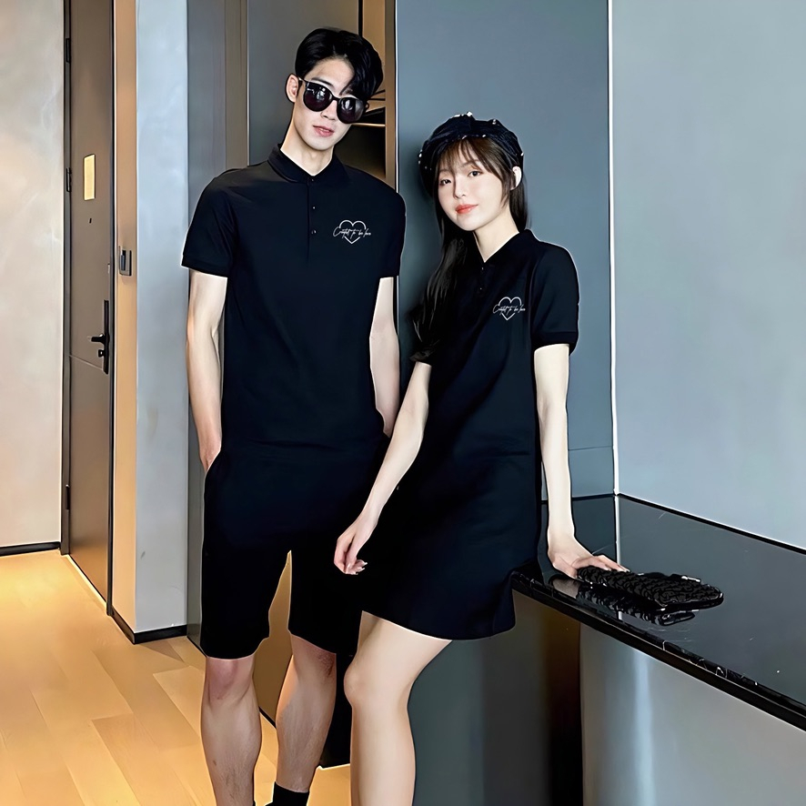 Set đôi cổ đức áo váy chữ Created to be love, chất thun lacoste thoáng mát