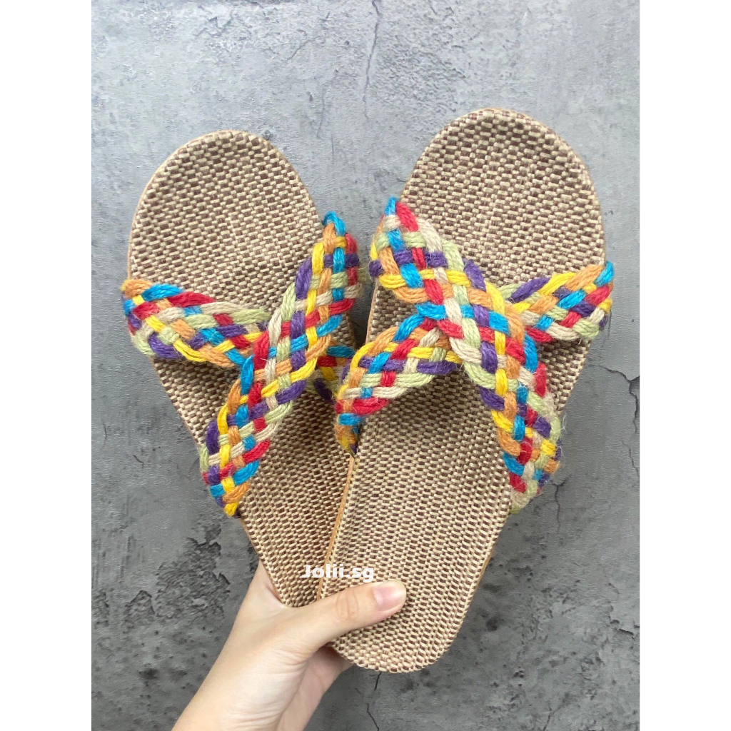 Dép Cói JOLII.SG Quai Chéo Đan Nhiều Màu Vintage, Êm - Nhẹ, Phù Hợp Đi Biển - Trong Nhà - Văn Phòng - Dạo phố