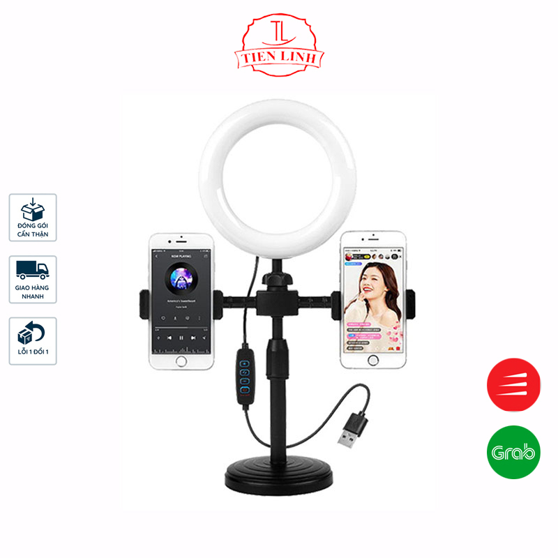 Cây Đèn Led live stream Để Bàn Tích Hợp Led, Kẹp Điện Thoại, Gương, Điều Chỉnh 3 Màu, Có Tăng Giảm Độ Sáng