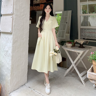 Váy đầm cổ V màu tím be basic phong cách Hàn Quốc