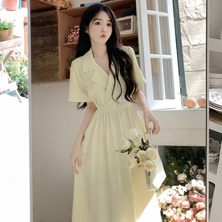 Váy đầm cổ V màu tím be basic phong cách Hàn Quốc