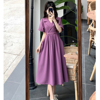 Váy đầm cổ V màu tím be basic phong cách Hàn Quốc