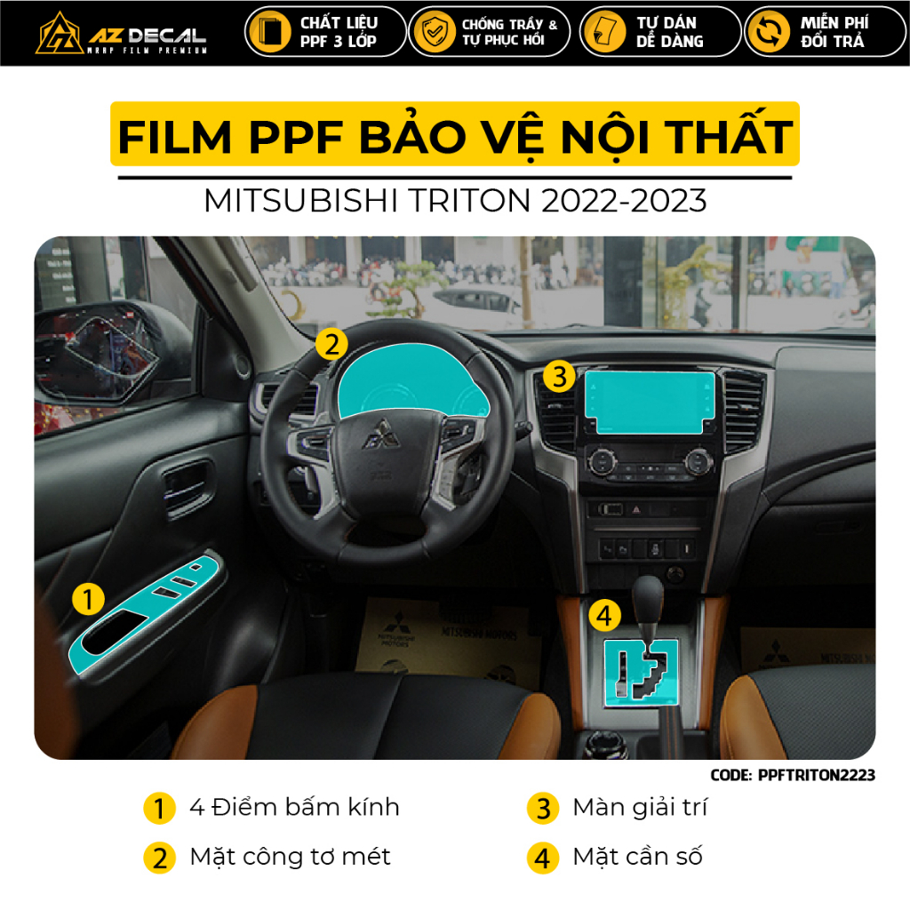 Film PPF Dán Nội Thất Ô Tô Mitsubishi Triton 2022 - 2023 | PPFTRITON2223 | Tem Decal Trong Suốt Chống Xước