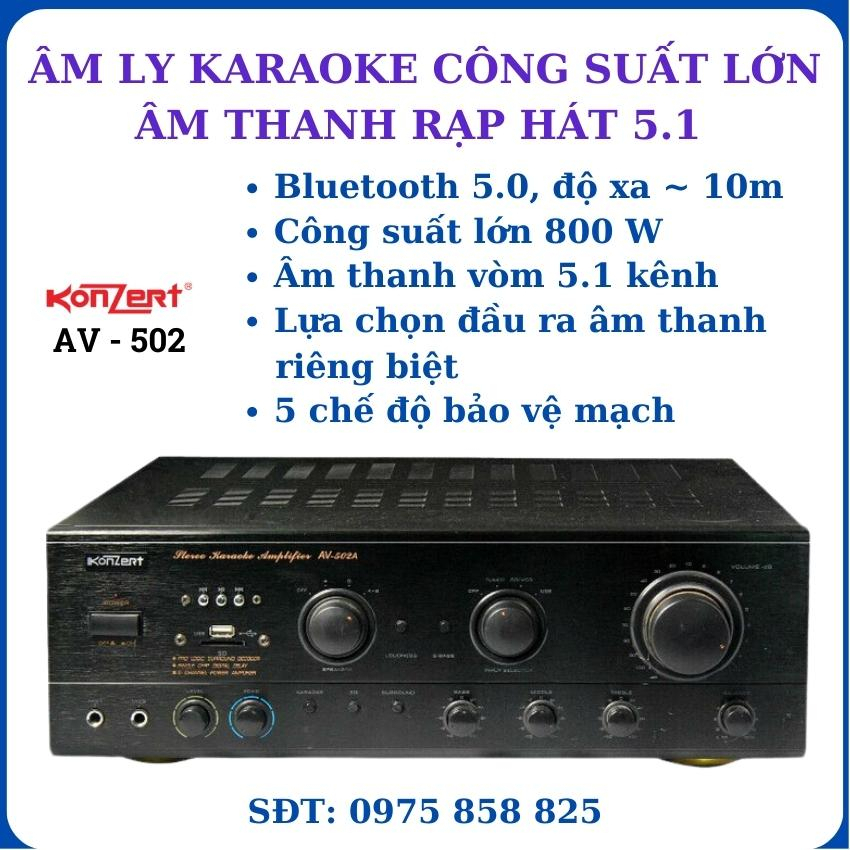 Âm ly karaoke AV - 502, Âm ly karaoke công suất lớn 900W, Âm ly rạp hát công suất lớn 5.1 kênh, Âm ly kết nối bluetooth,