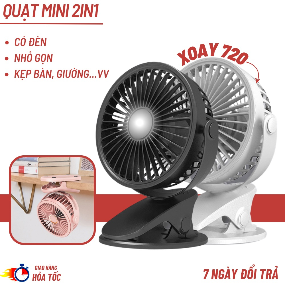 Quạt mini kẹp bàn, Quạt kẹp bàn xoay 360 độ Pin Tích Điện Chân Kẹp Bàn, Kẹp Xe Đẩy - pin sạc, 3 cấp độ - QK1