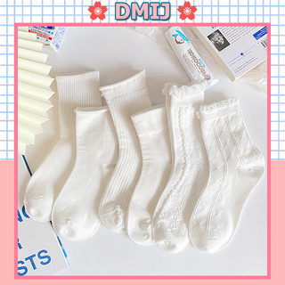 Set 5 đôi tất nữ cổ cao họa tiết trắng vớ nữ cổ cao phong cách đơn giản TD20