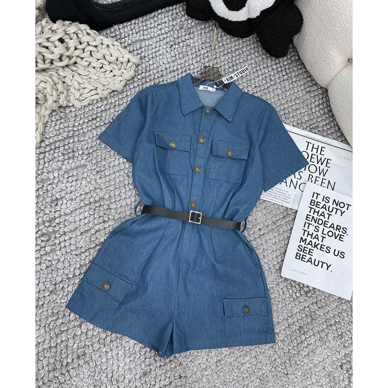 Jumpsuit Short Jeans Cổ Sơ Mi Túi Hộp Kèm Đai JS0022 - TTQC168