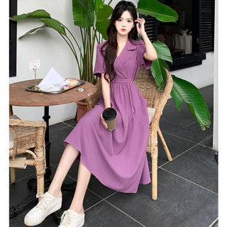 Váy đầm cổ V màu tím be basic phong cách Hàn Quốc