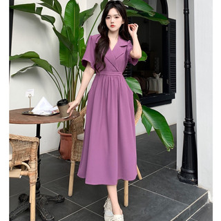 Váy đầm cổ V màu tím be basic phong cách Hàn Quốc