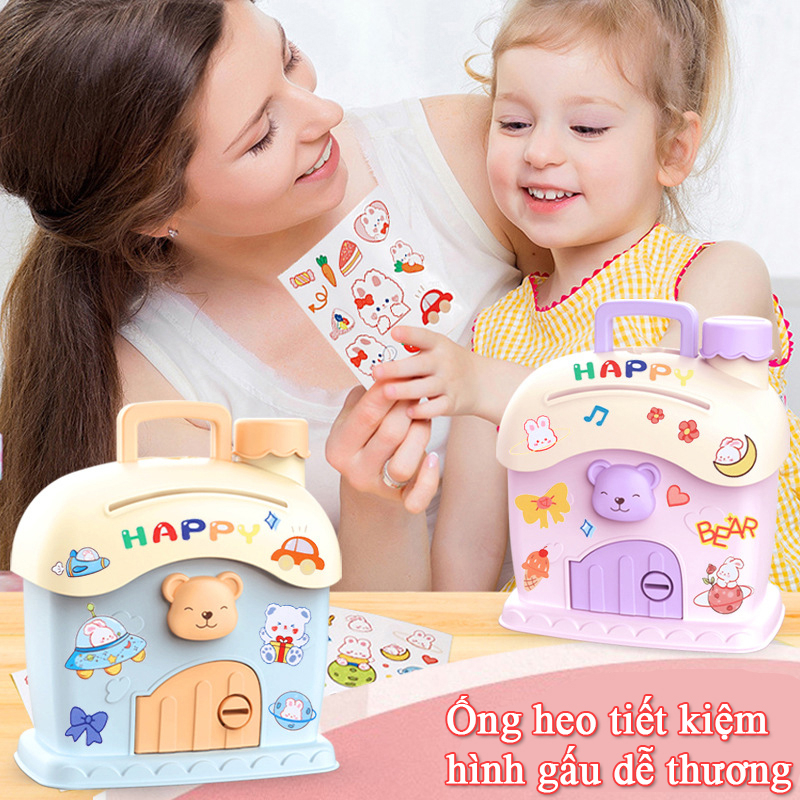 Ống heo tiết kiệm mini hình chú gấu dễ thương kèm 2 miếng dán sticker