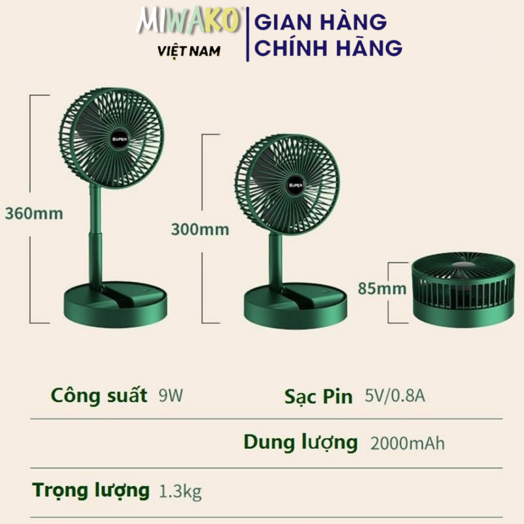 [Quà Tặng] Quạt Tích Điện Để Bàn Gấp Gọn Super Có Thể Điều Chỉnh Độ Cao Miwako - Miwako Official Store