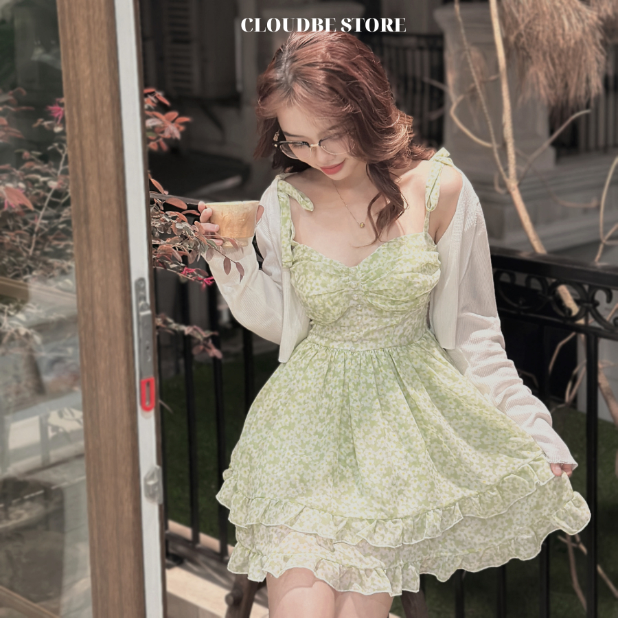 Váy Hai Dây Hoa Nhí Dáng Ngắn /  Áo Khoác Cardigan Mỏng /Cloudbe Store Phong Cách tiểu thư Hàn Quốc