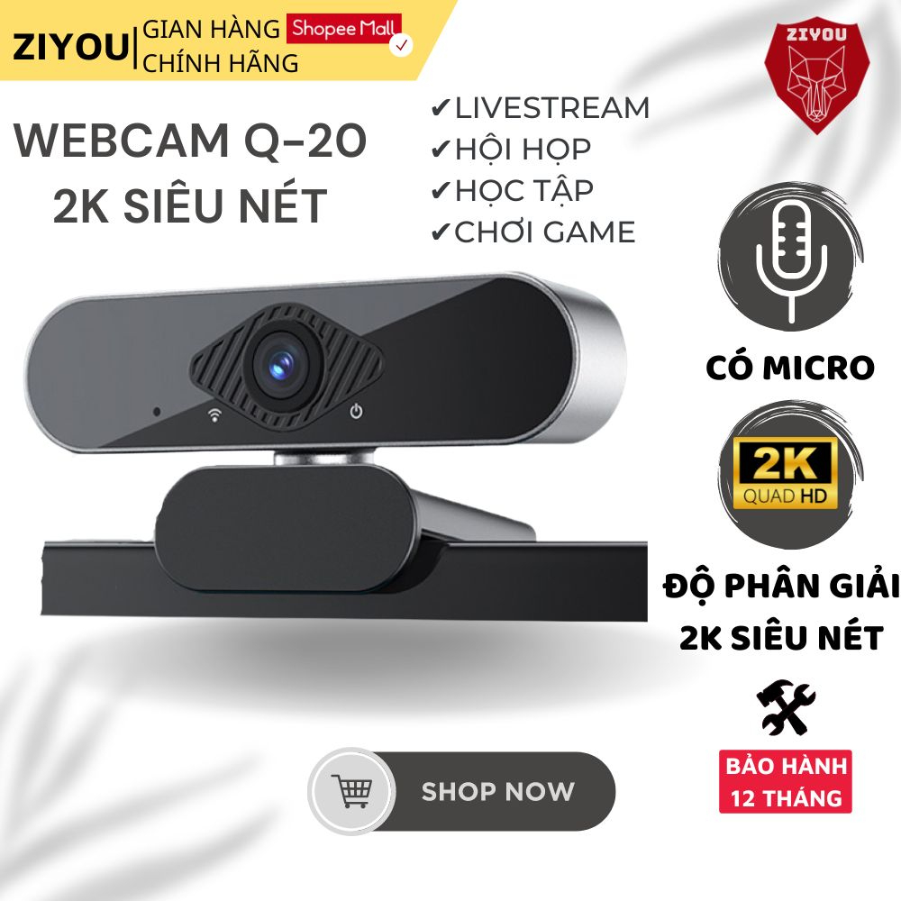 Webcam Máy Tính PC Laptop Ziyou Q-20 Độ Phân Giải 2K Có Mic Camera Trợ Sáng Cực Nét