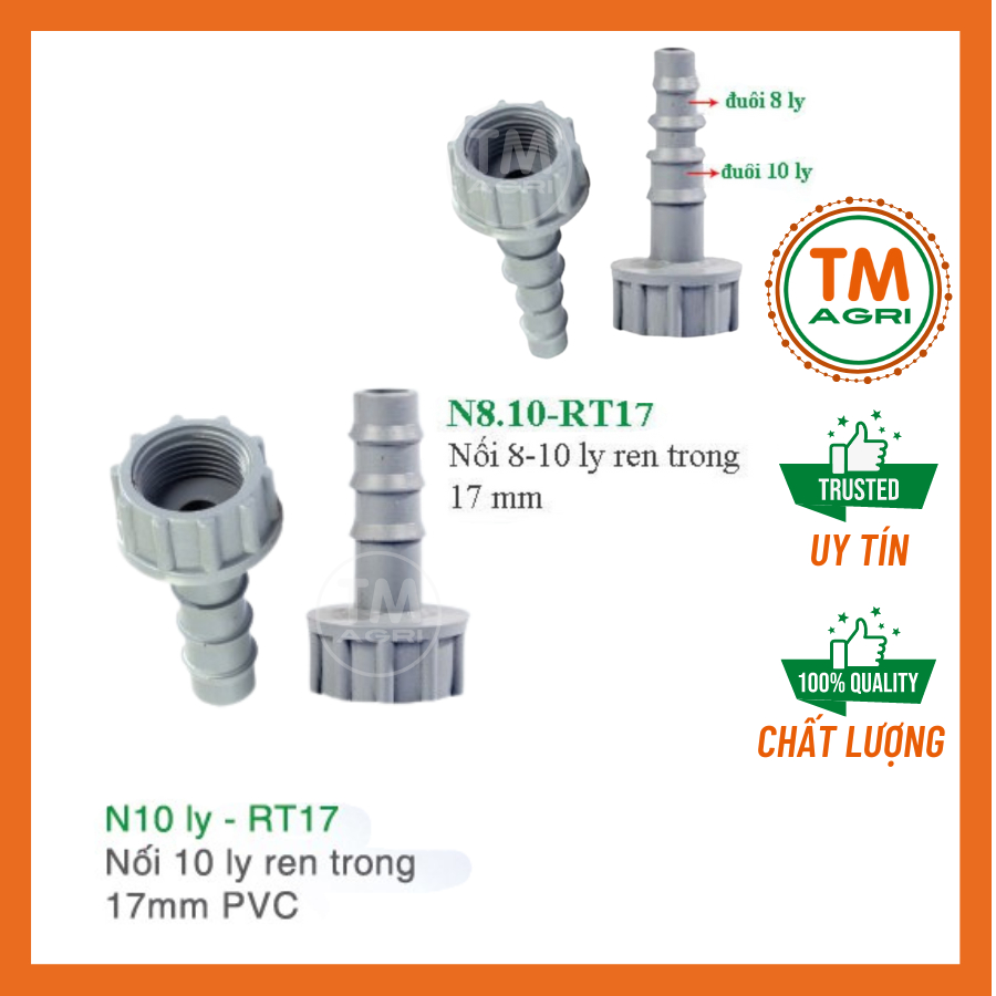 Khớp nối béc tưới cây ren trong 17mm ra đuôi 8mm, 10mm(ly)