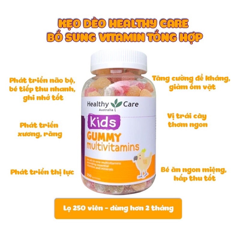 Kẹo dẻo Healthy Care Kids Gummy Omega 3/ Multivitamin, Úc (250 viên) bổ sung chất cho trẻ 2 tuổi trở lên