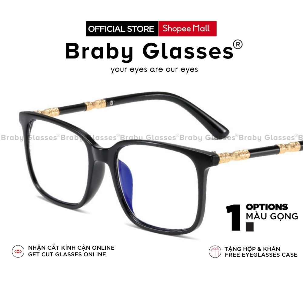 Gọng kính cận mắt vuông nam nữ Braby Glasses chất liệu kim loại họa tiết mạ vàng sang trọng thời thượng MK71