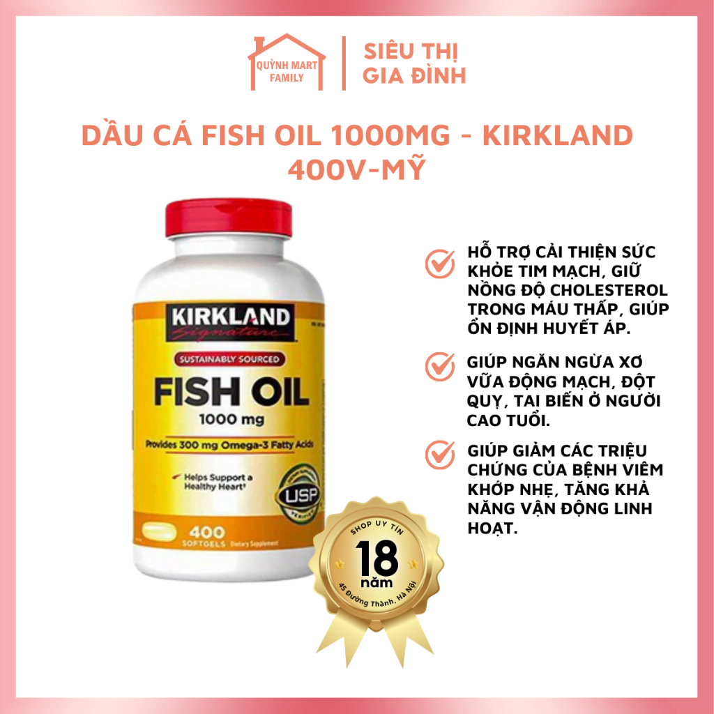 Dầu cá KIRLAND 1000mg 400 viên hỗ trợ bảo vệ mắt sáng , viên uống dầu cá tăng cường trí nhớ