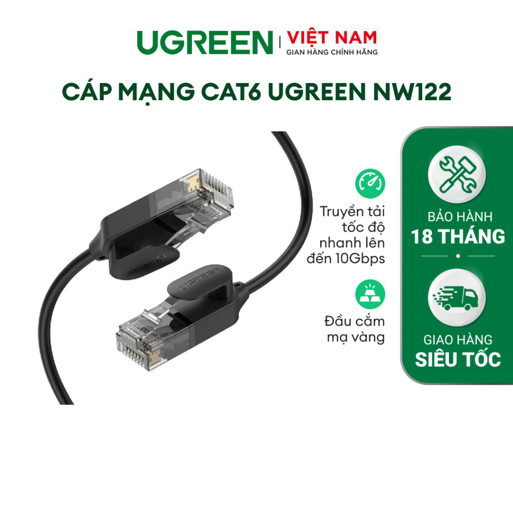 Dây cáp mạng Ethernet chuẩn CAT6A đầu cắm RJ45 siêu mỏng, hỗ trợ tốc độ nhanh lên đến 10Gbps dài từ 0.5-2m UGREEN NW122