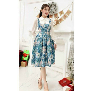 Đầm Nữ yếm thiết kế cổ sơ mi hoa xanh sang trọng